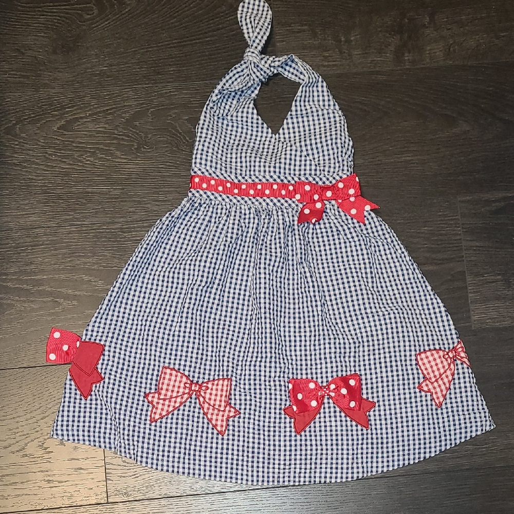 🛍Bonnie Baby Blue Gingham Dress with Red Bows
